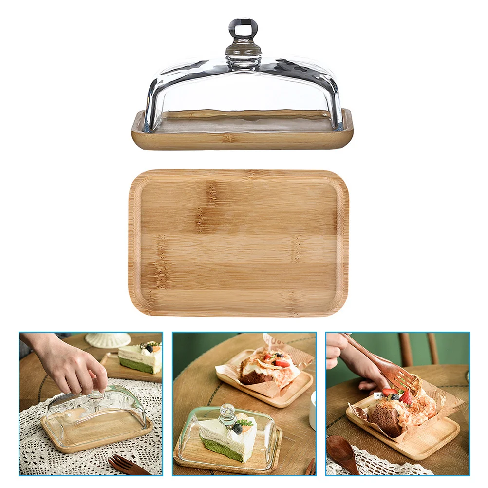 

1Set Glass Dome for Cake Stand Bamboo Tray Set Small Covered Cake Plate with Lid Perfect for Bakery Display Or Home Celebration