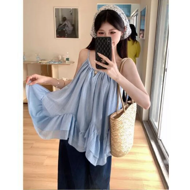 

Сладкий синий камзол в отпускном стиле для женщин, летний свободный топ для похудения в корейском стиле с нерегулярными нишами и рюшами