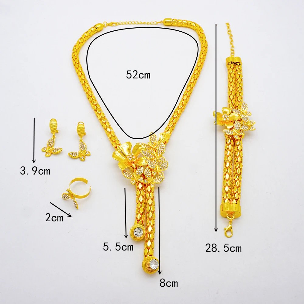 GDJWRI Indian Dubai Gold Color Jewelry Set For Women Bridal Long Necklace Set Nigerian Choker Necklace Bracelet Earring Ring Set