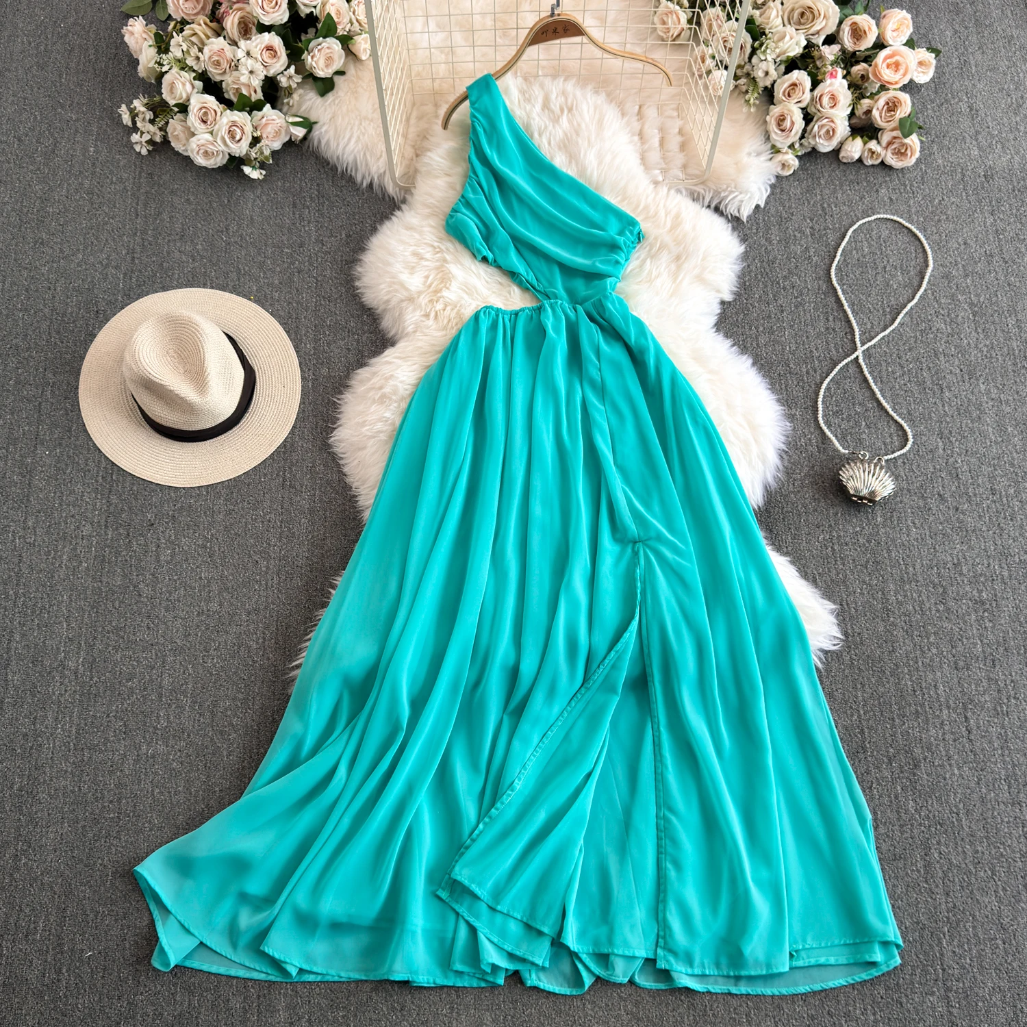 Abito lungo da donna con scollo obliquo e monospalla, grande altalena, da donna, diviso, elegante, di lusso, per cena di compleanno, banchetto, Boho, abito tropicale azzurro cielo