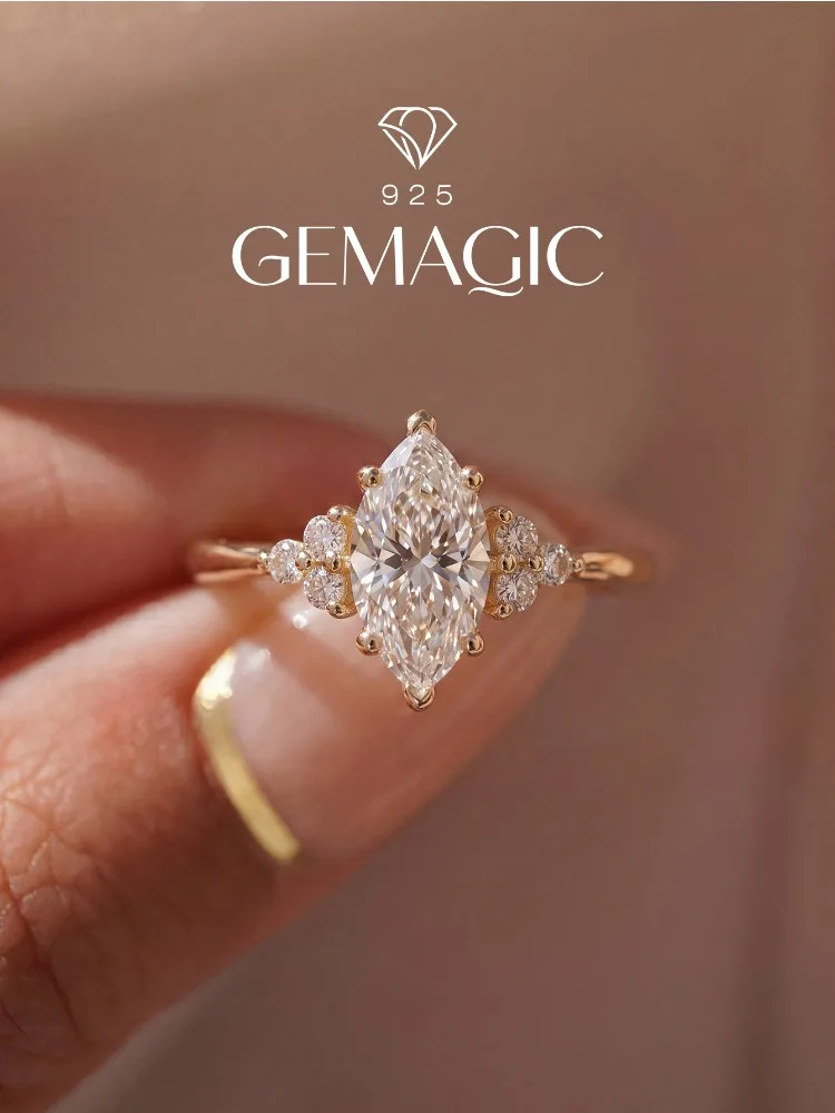 925 Sterling Silber Goldener Vintage Einfacher Marquise Zirkon Ring für Damen Verlobung Hochzeit Einfacher Hochwertiger Edel-Schmuck – Detail 1