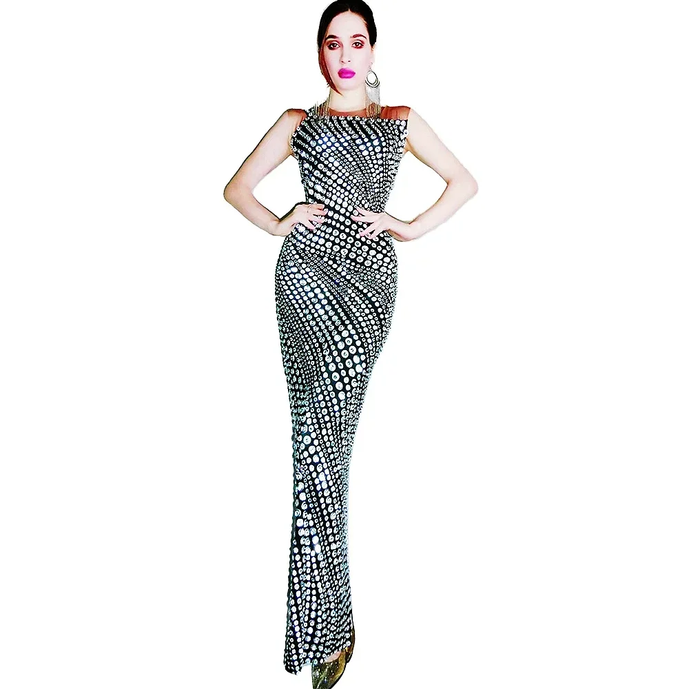 Sparkly Rhinestone Women Long Dress Black Sleeveless Outfit Sheath Birthday Ankle-Length Summer Camisole Evening Party Costumes