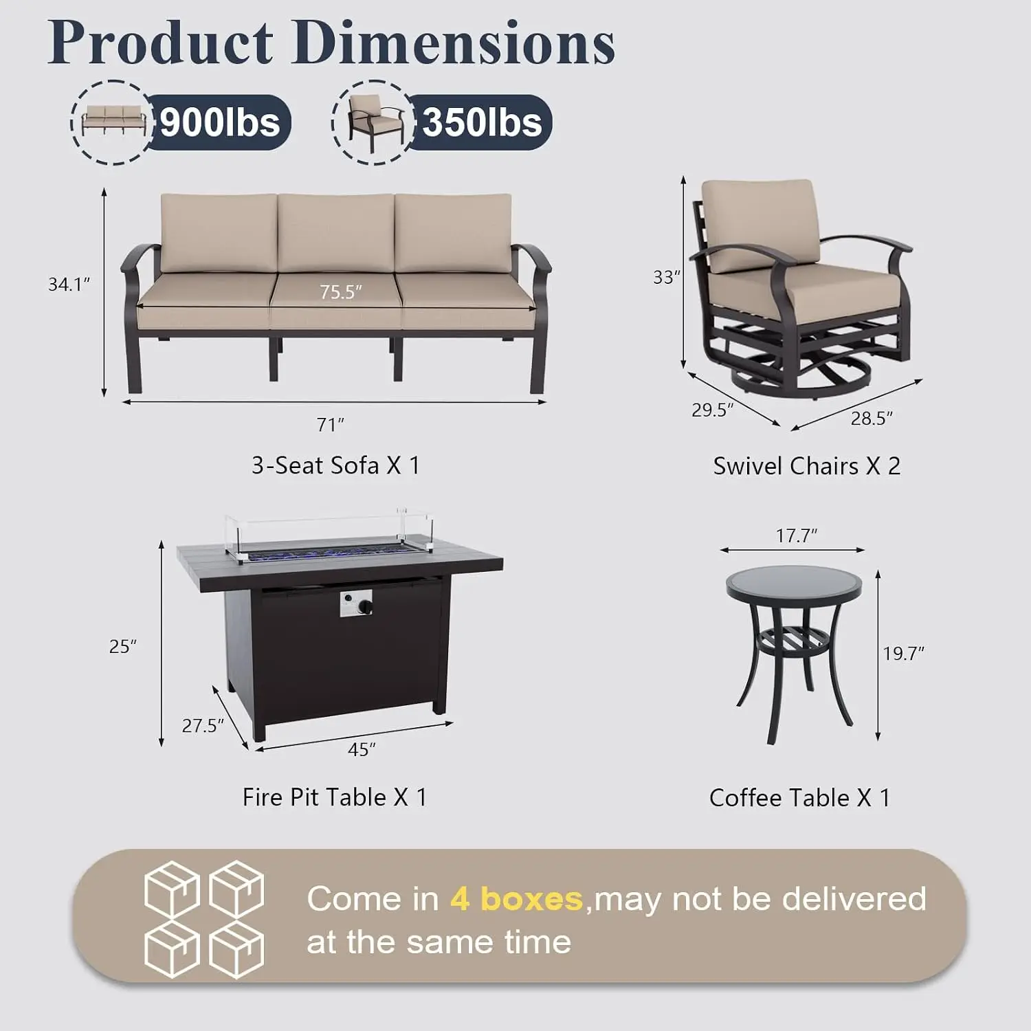 Aluminum Patio Furniture Set Propane Fire Pit Table 5-seat Metal Outdoor Sectional Sofa 5.1