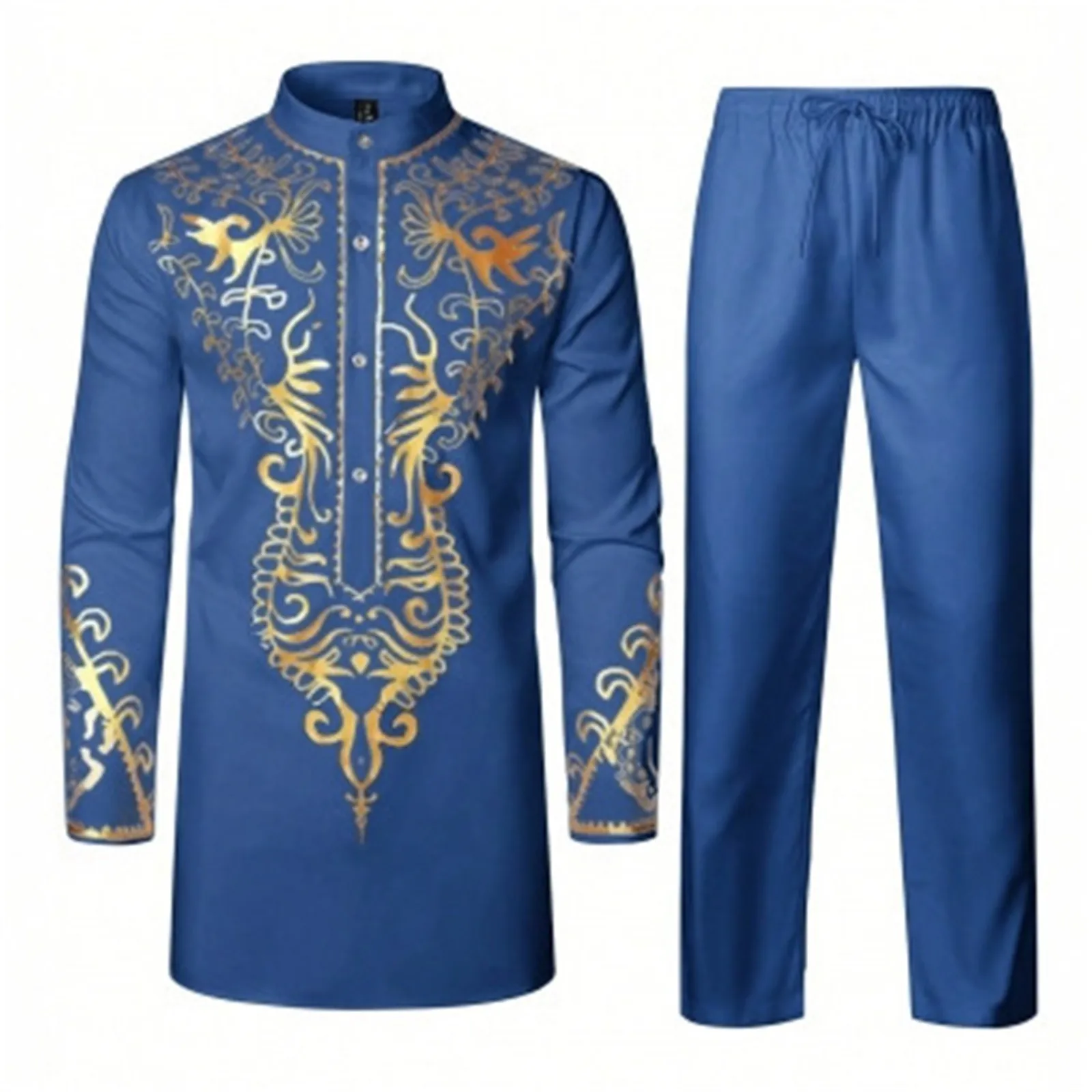 2025 Men African Two Piece Set Traditional Suit Long Sleeve Gold Print Shirt Pants Party Africa Summer Gentleman Ethnic Outfit