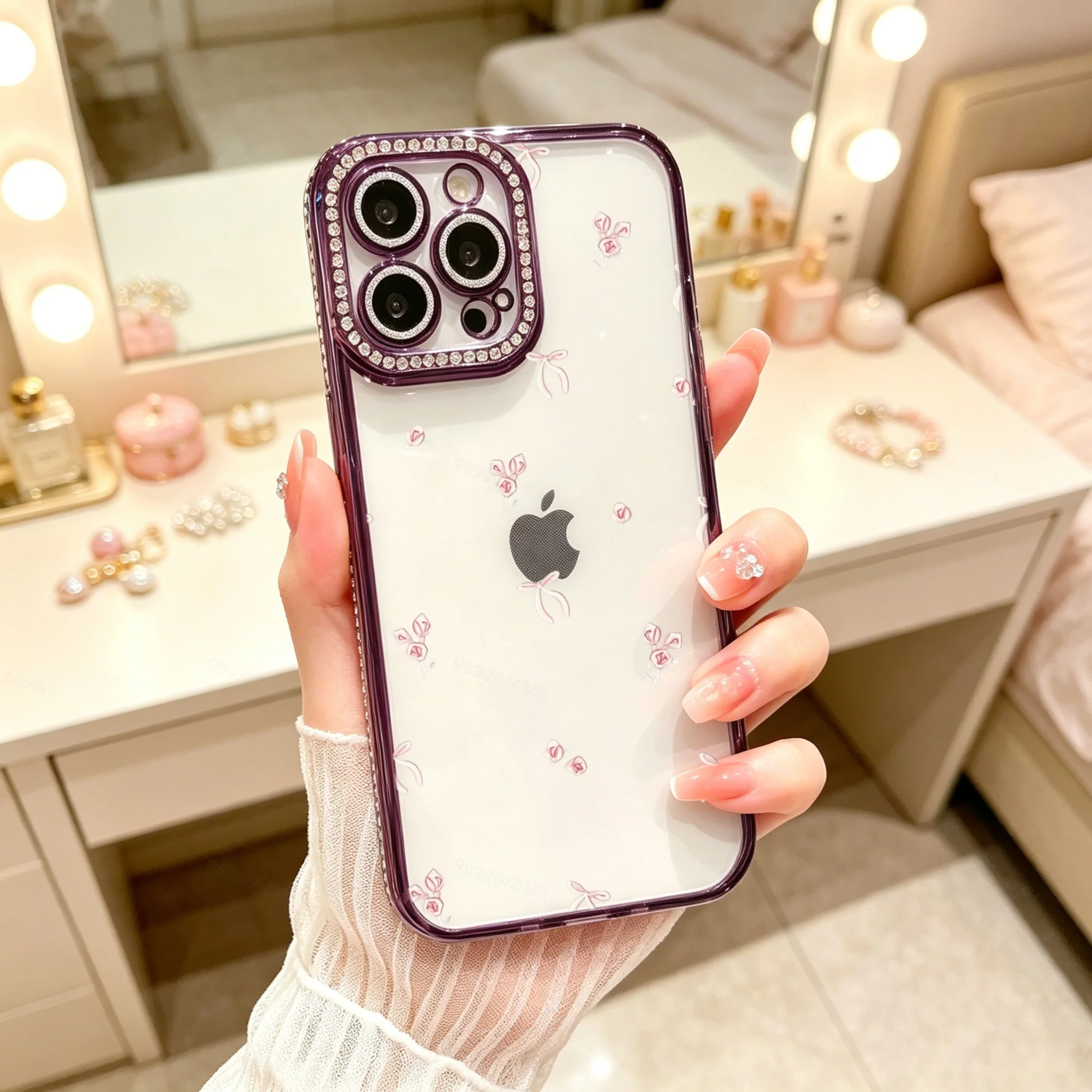 Diamond Electroplated TPU Phone Case for iPhone,  Luxury Glitter Phone Case, Purple Rhinestone Camera Frame With Pink Floral Pattern  , Luxury Glitter Rhinestone Frame, Built-in Lens Protector, Anti-Slip Shockproof Clear Cover