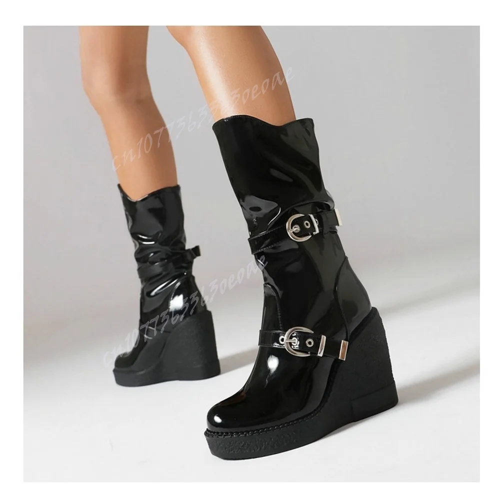 Black Patent Leather Mid Calf Boots Buckle Decor Boots for Women Wedges Heels Punk Style Biker Boots  2024 Zapatos Para Mujere