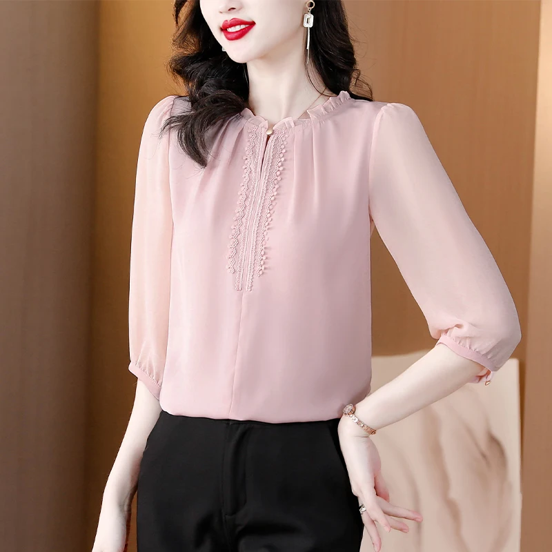 Silk Pink Solid Women\'s Top Chiffon Shirt 2023 Spring/Summer New O-Neck Silk Shirt Breathable Lightweight Shirt Small Shirt