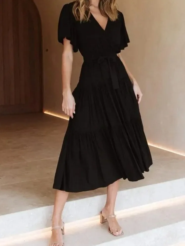 อินเทรนด์สีทึบRufflesชุดยาวผู้หญิงเซ็กซี่VคอRuffleแขนLeace-Up Temperament Elegant Ladyชุด 2025 ฤดูร้อนใหม่