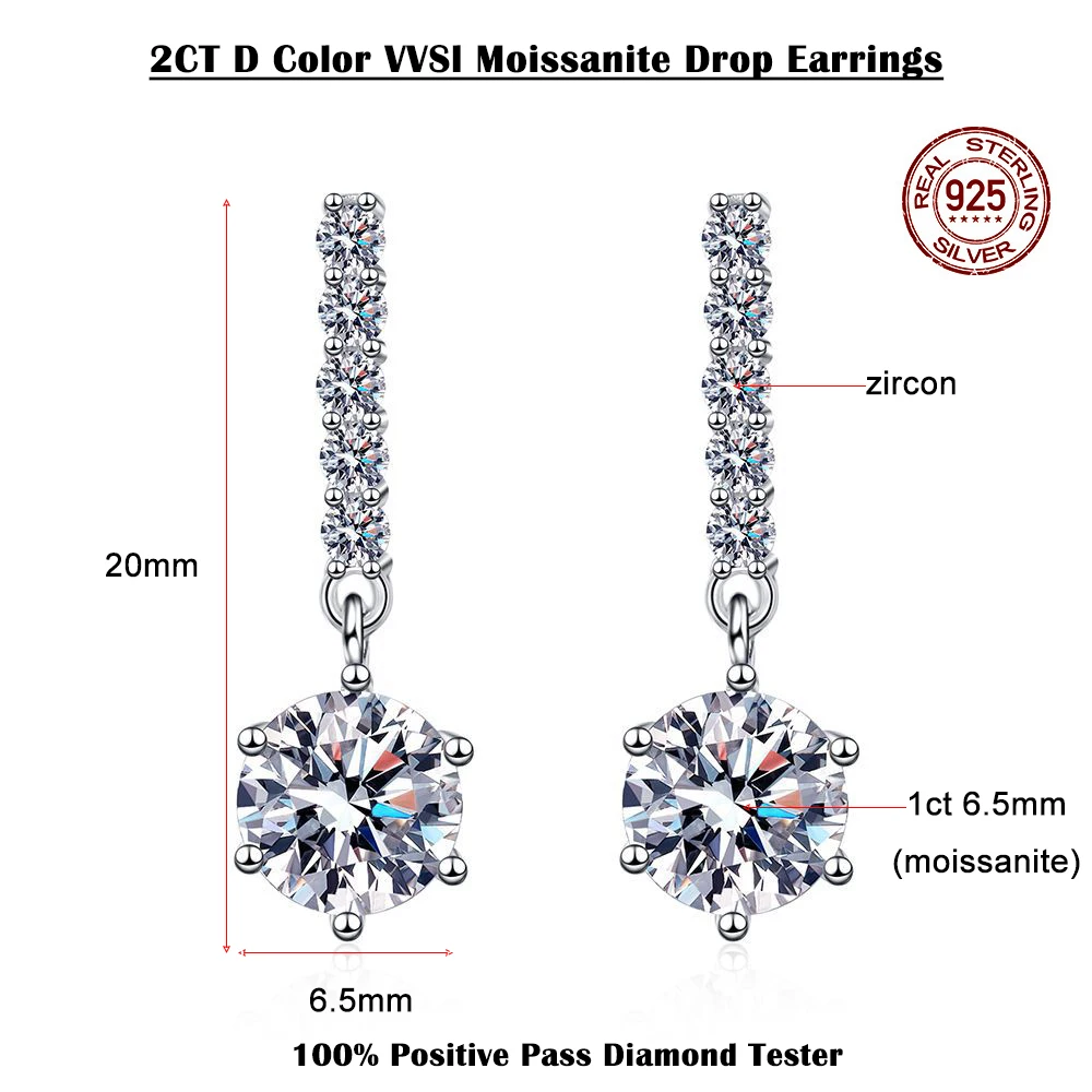 Brincos de moissanite real cor 1ct d para mulheres, brincos pendurados com borla longa e diamante brilhante, prata esterlina 925 certificada