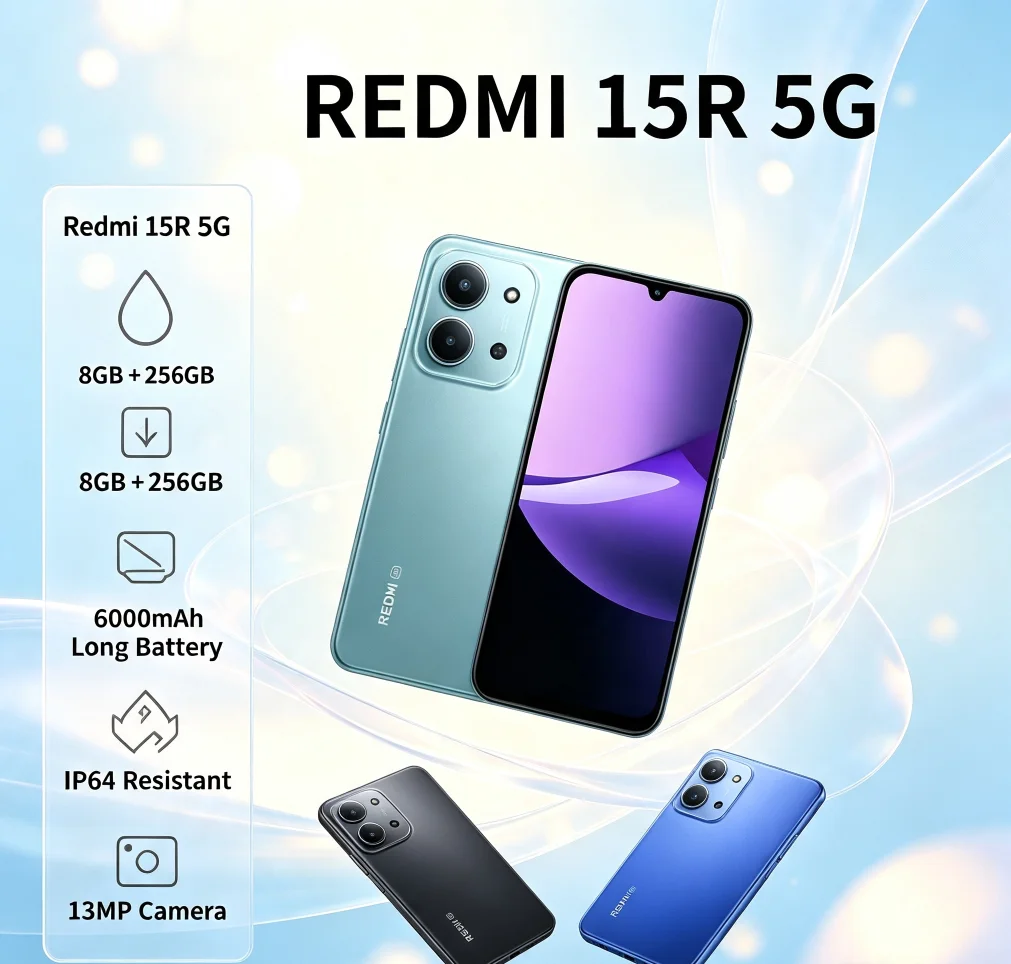 Latest 2026 Redmi 15R Unlocked Dual‑SIM Cellphone 8GB+256GB 6.9'' Large LCD Display Dimensity Chipset 13MP Rear Camera 6000mAh