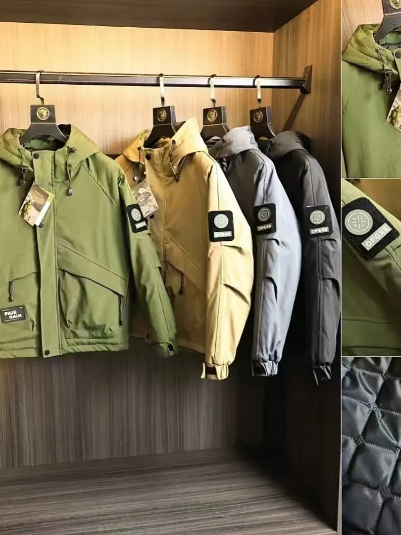 

Men's Winter Thiened Hooded Workwear Cotton Jaet Outdoor Windproof Waterproof P Cotton Warm Casual Long Sve Coat