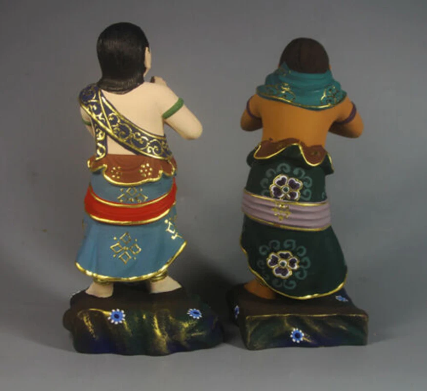 QH062ca -15x7x6 Hand Carved Paint Camphor Wood Carving :2 Boy Waiters of Fudo