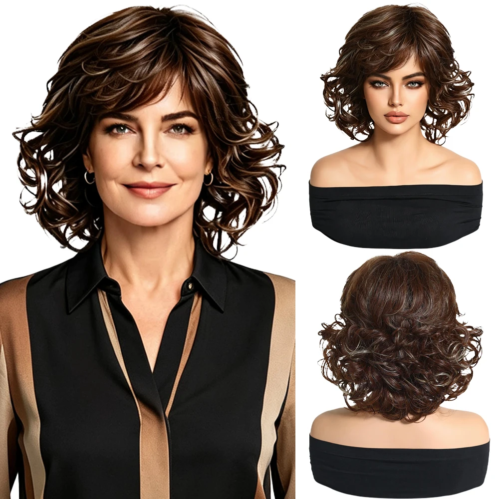 Voluminous Short Curly Bob Wigs Brown Blonde Highlights Natural Looking Heat Resistant Synthetic Hair For Women Daily Cosplay