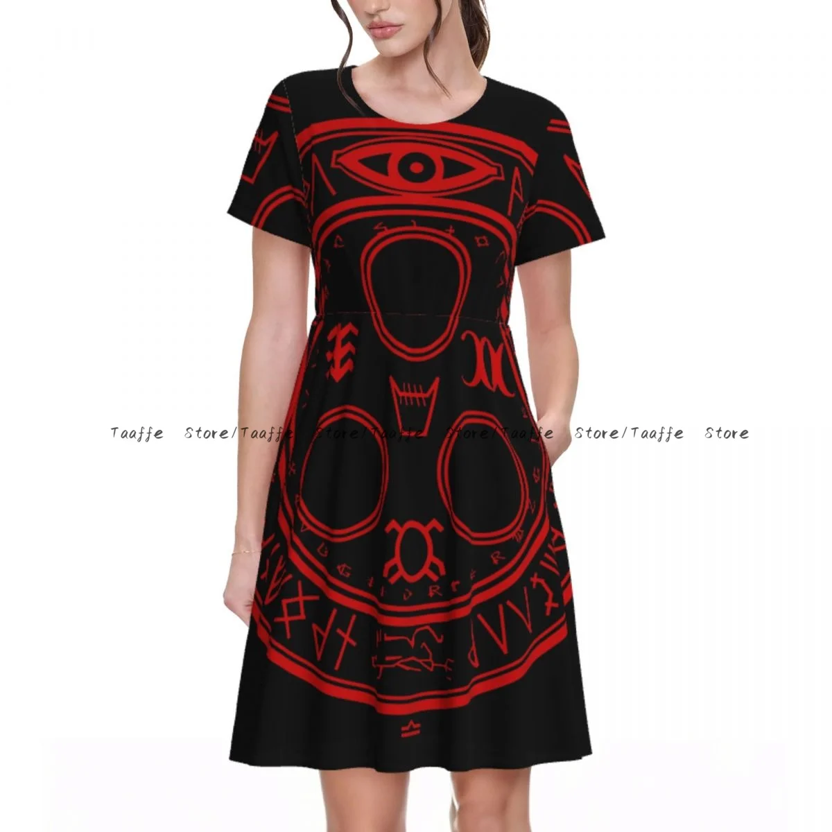 

Summer Women's Short Sleeve Waist Dress Women Baphomet Round Neck Casual Dress