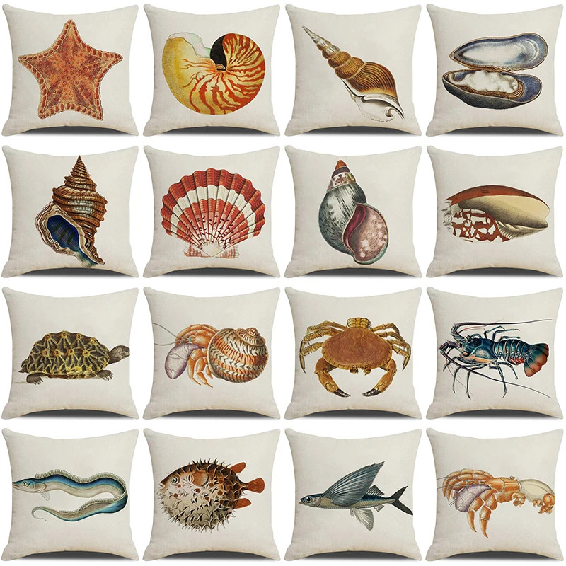 

Shell Conch Marine Life Printed Linen Cushion Cover 45x45cm Pillow Covers Summer Home Seat Sofa Car Decorative Throw Pillowcase