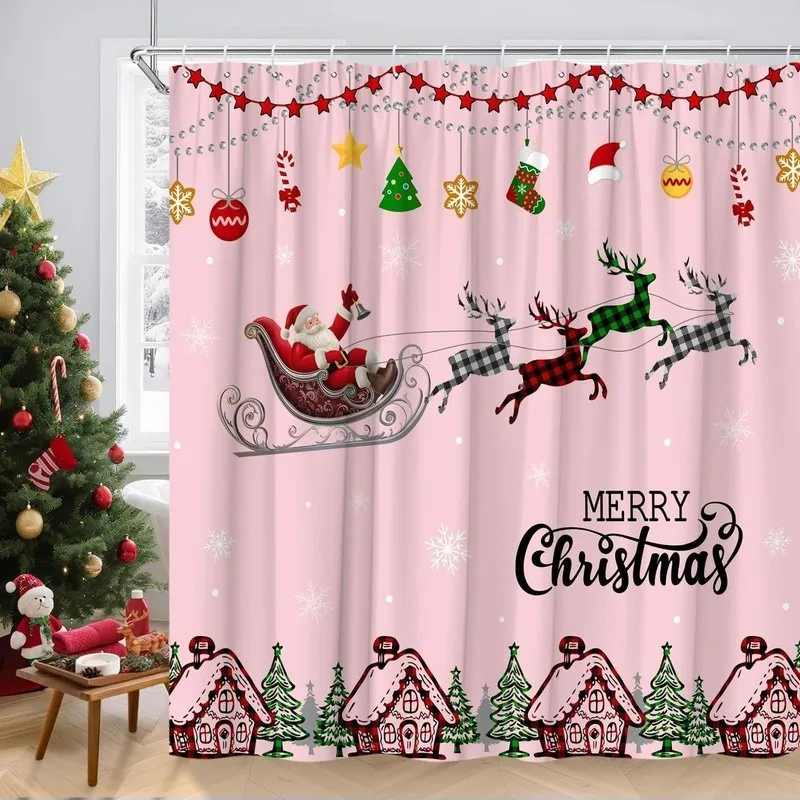 Christmas Shower Curtain Light Pink Santa Reindeer House Bathroom Decor No Drilling with 12 Hooks Waterproof Polyester