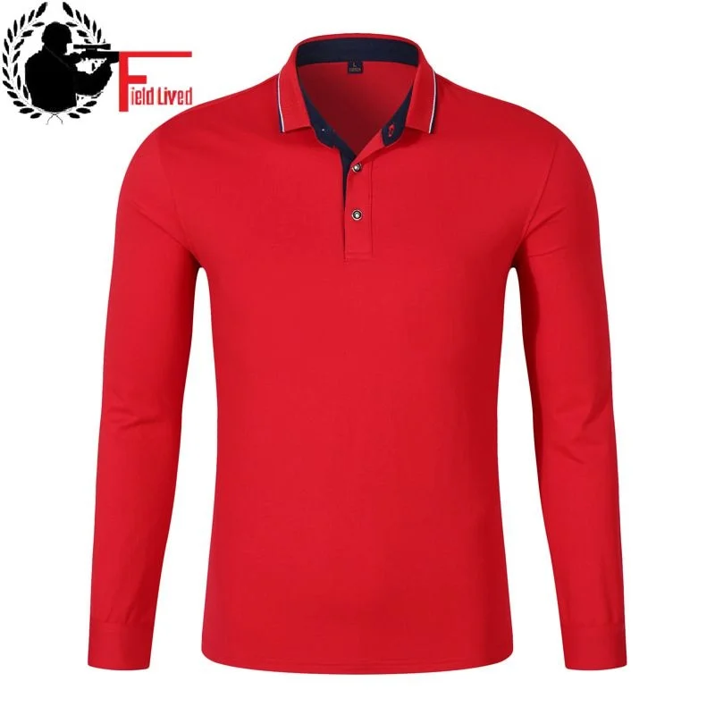 Brand Men Polo Shirt Mens Fashion Collar Cotton Button Shirts Long Sleeve Casual Designer Polos Male Block Color Sweatshirt Blue