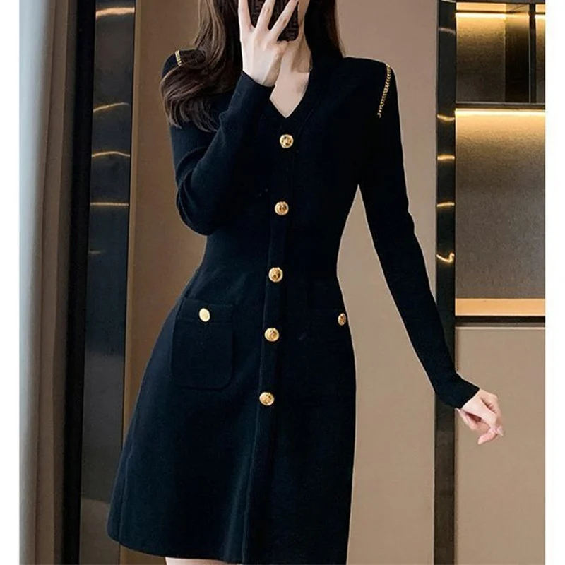 Spring Fashion Elegant Chic Chain Button Black Party Knitted Dresses Women V Neck Long Sleeve Slim Basic Mini Dress Clothes 2023