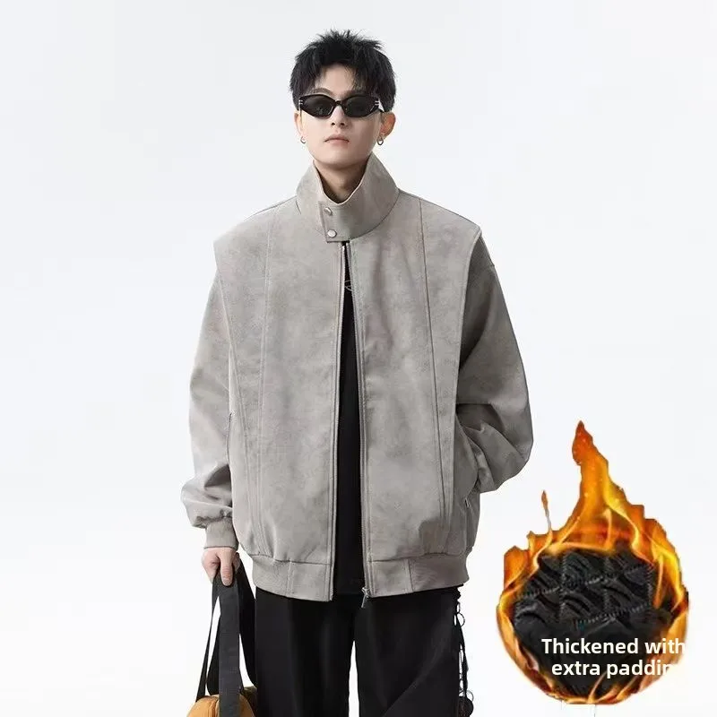 

Men's Faion Thiened Dyeing Design PU Leather Jaet Winter Fce Warm Cotton Clothes Windproof Stand Collar Long Sve