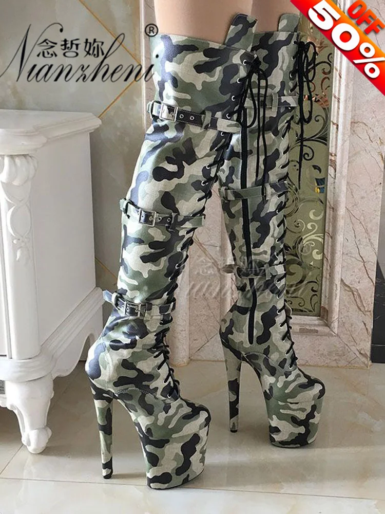 20cm Sexy Platform Fetish Camouflage Over The Knee Boots For Women 8Inch Exotic Strip Pole Dance Shoes Exotic High Heels Gothic