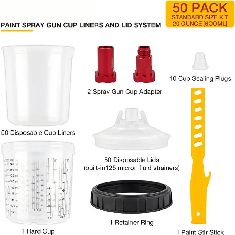 A27F-Disposable Paint Mixing Cup System 50Pack Paint Cups With Lids,Hard Cup With Retainer Ring,10PCS Plugs,2PCS Cup Adapter