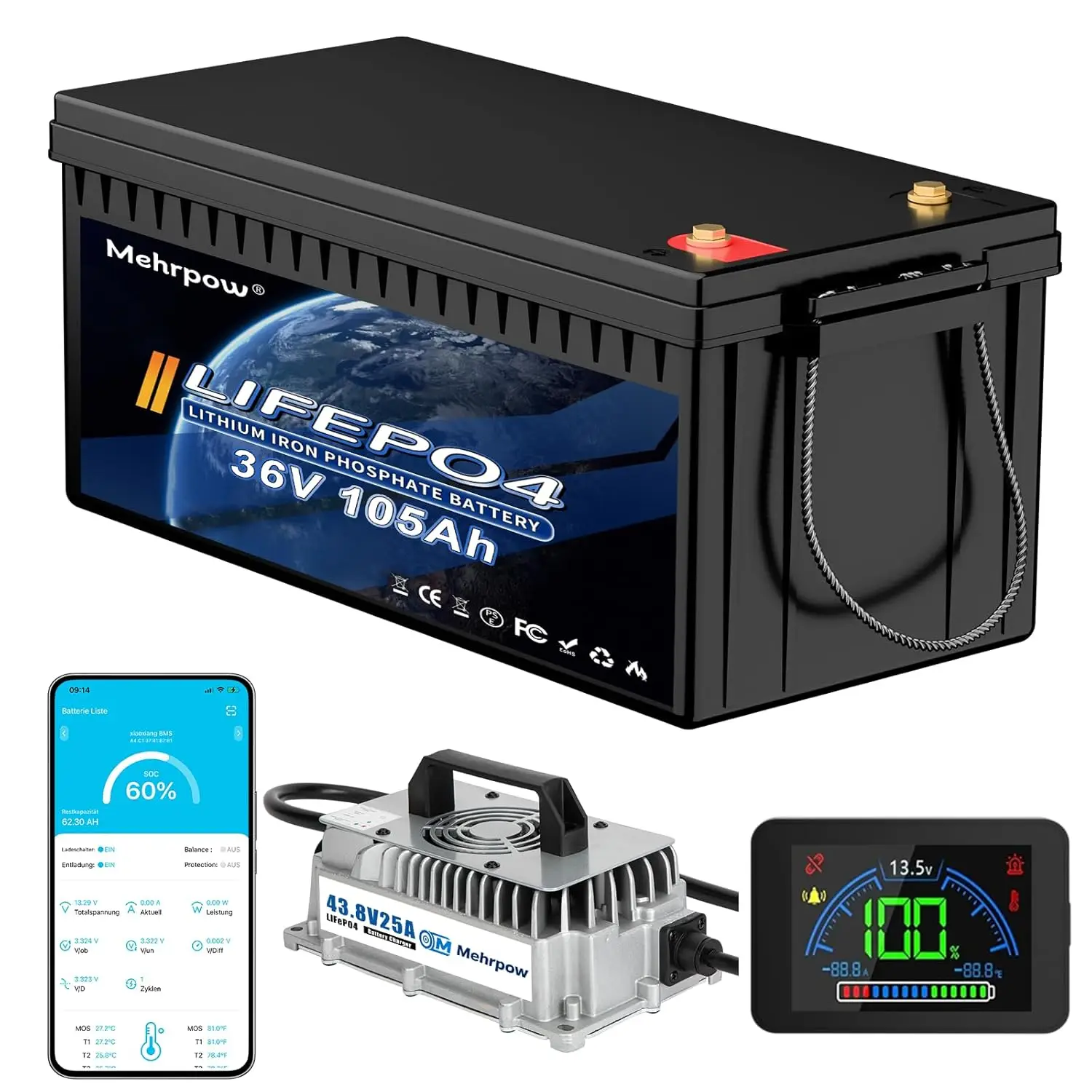 

36V 105Ah LiFePO4 battery, built-in Bluetooth 200A BMS and LCD display, IP65 waterproof and dustproof, with 43.8V 25A, Custom