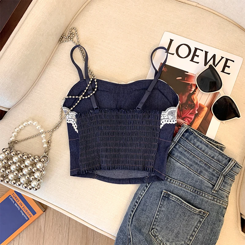 Women's Vest Summer Thin Short Lace Patchwork Spaghetti Strap Tops Korean Style High Street Chic Vests for 18-24 Years Old
