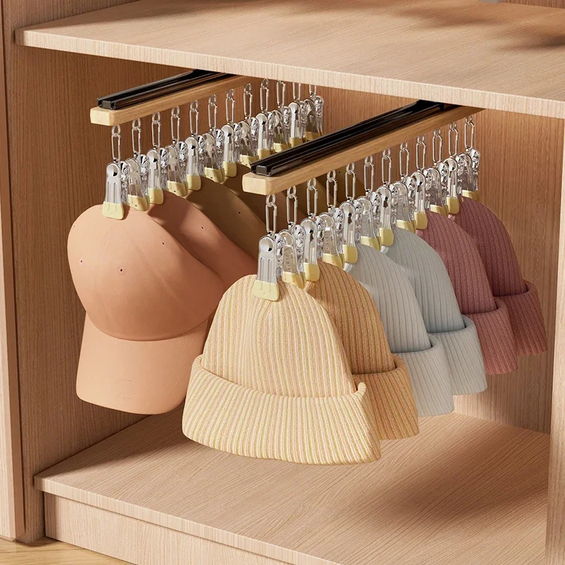 Pull Out Hat Racks Sliding Hooks Hanger Rack with 8/12 Clips for Bras Caps Underwear Socks Retractable Sliding-Rail Clothes Rack