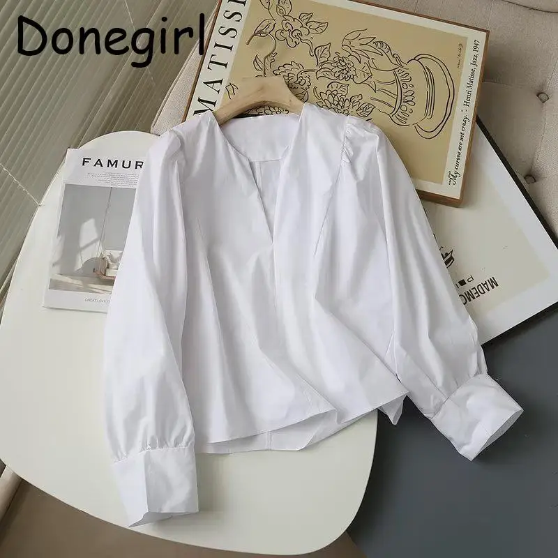 Donegirl-Chemise à Manches Lanternes et Col en V pour Femme, Blouse Simple, Décontractée, Polyvalente, Chic, Nouvelle Collection Printemps 2023