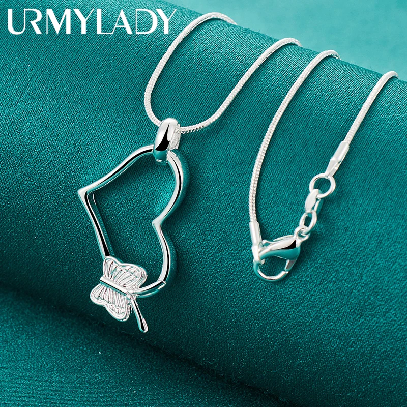 

URMYLADY 925 Sterling Silver Heart Framed Butterfly 16-30 Inch Pendant Necklace For Women Wedding Party Fashion Jewelry