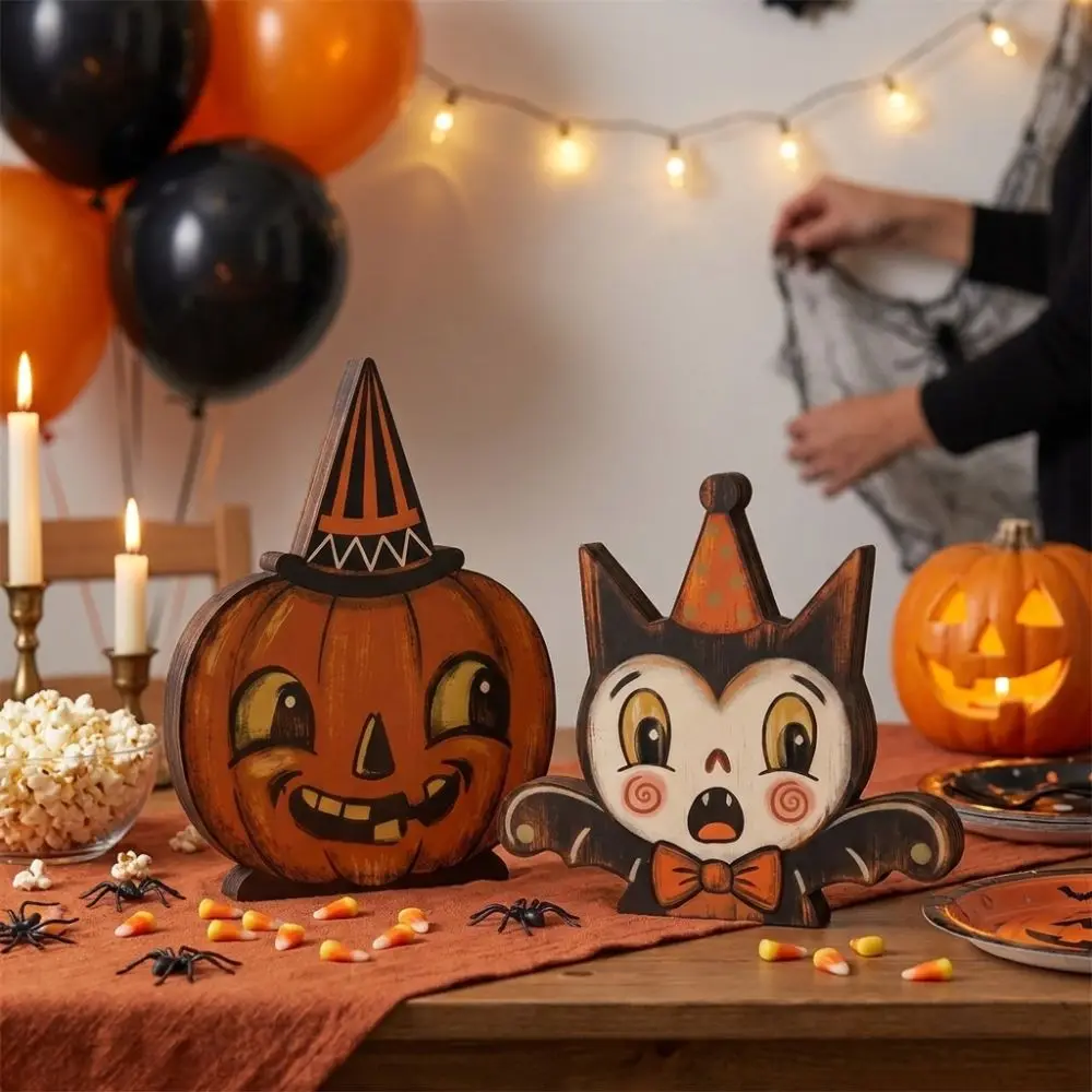 Cartoon Halloween Wooden Tabletop Sign Double Sided Pattern Farmhouse Style Ghost Pumpkin Owl Ornaments Hand Painted Integrated