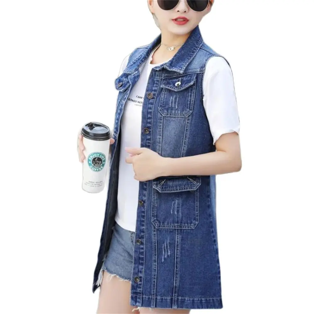 2024 Autumn Trench Women Long Denim Vest Korean Tassel Ripped Jeans Sleeveless Jacket Waistcoat 6xl Casual Pocket Outwear Coat