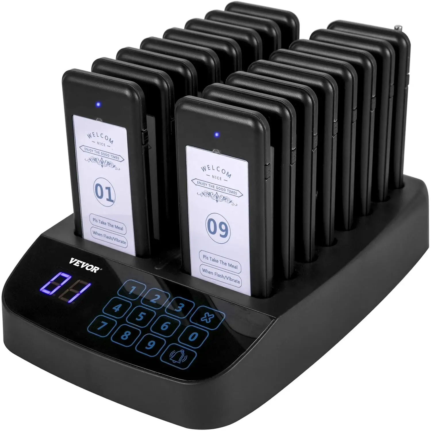 F101 Restaurant Pager System 16 Pagers,Max 98 Beepers Wireless Calling System,Touch Keyboard with Vibration, Flashing and Buzzer