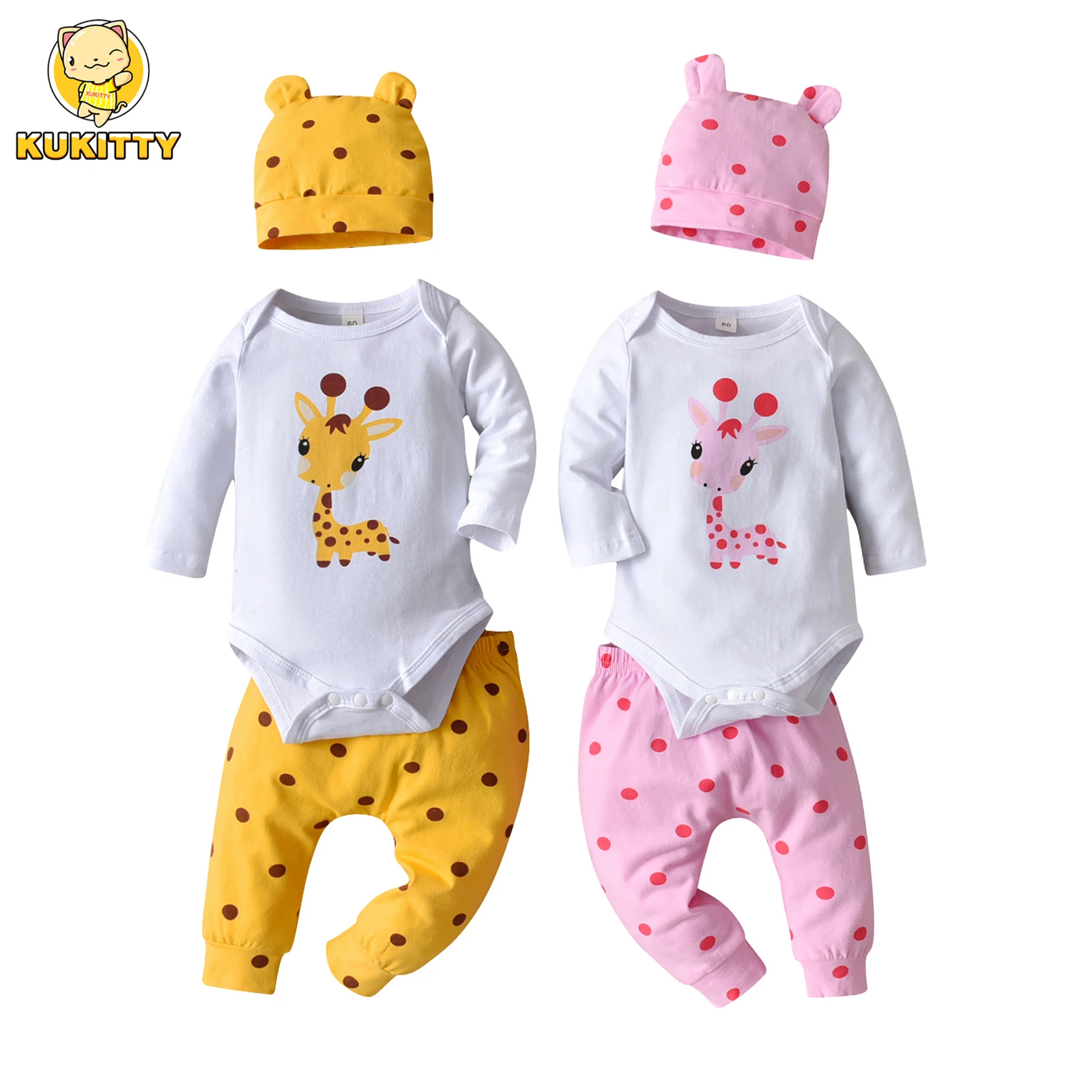 Newborn Baby Girls Clothes Cute Giraffe Print Long Sleeve Bodysuit and Polka Dots Pants Hat Infant Clothing 3Pcs Outfits Set