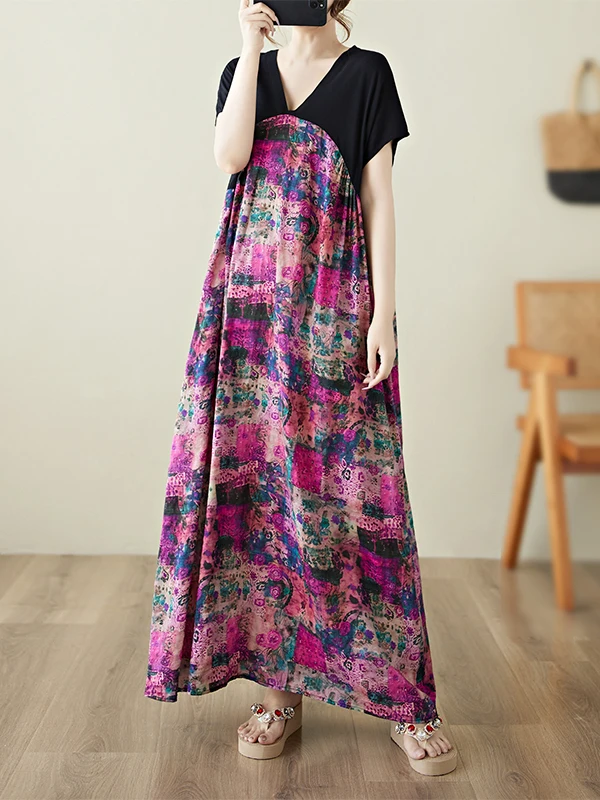 Yellow Flower Loose plus Size Women's Dr V-Ne ort Sve Long Dr Belly Covering Slimming Effect Casual Commute Sle