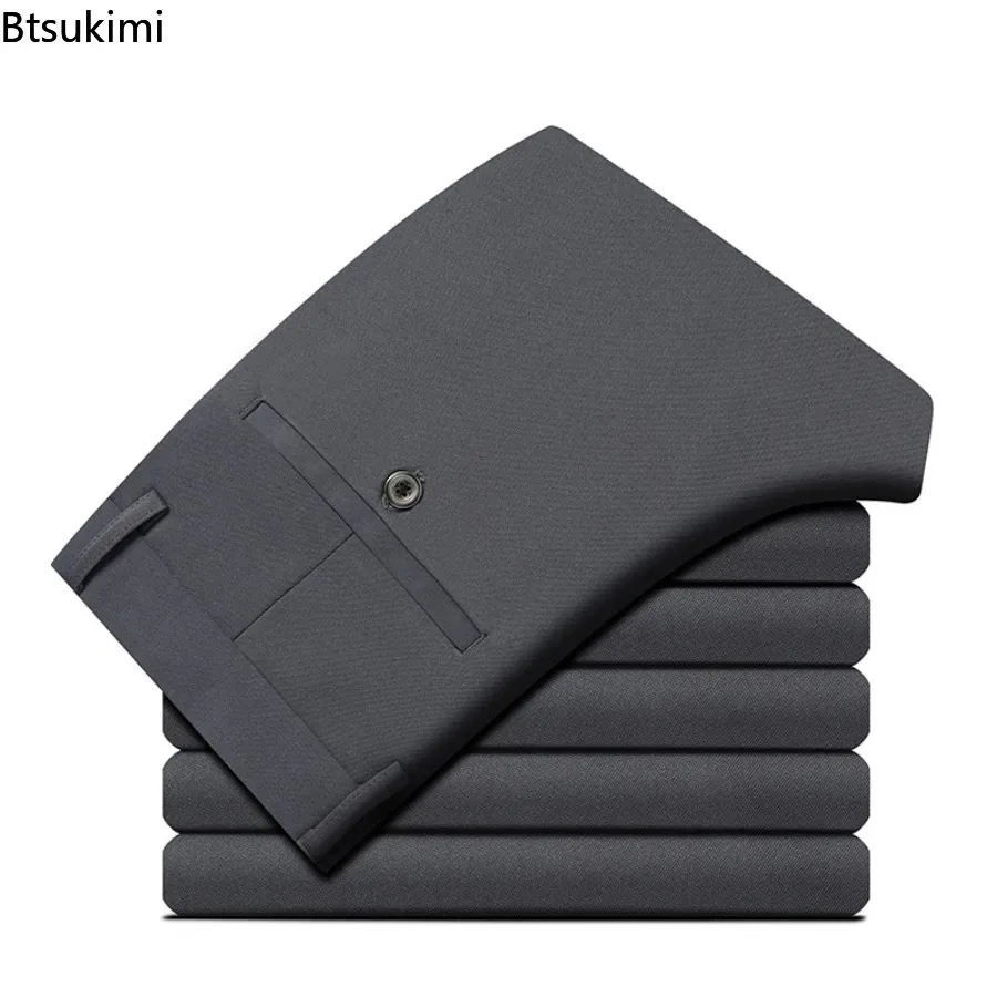 2025 New Men's Dress Pants High-end Business Formal Straight Pants Spring Autumn Thick Slim Elastic Non-ironing Suit Pants Male