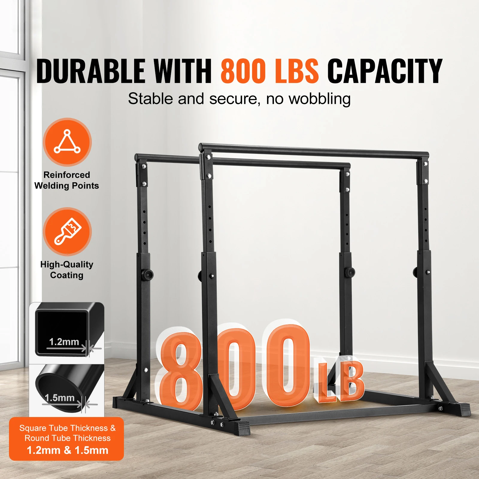 VEVOR Dip Bar 800lbs Capacity Heave Duty Dip Stand Station with Adjustable Height Parallel Bar for Strength Training Home Gym
