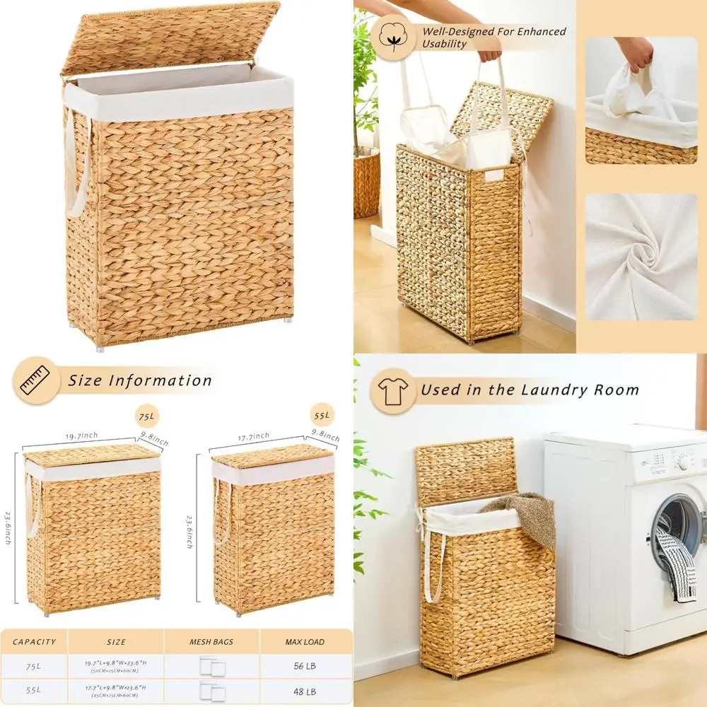 

Корзина для белья ручной работы объемом 75 л с крышкой, тонкая плетеная корзина, съемные ручки, компактный дизайн