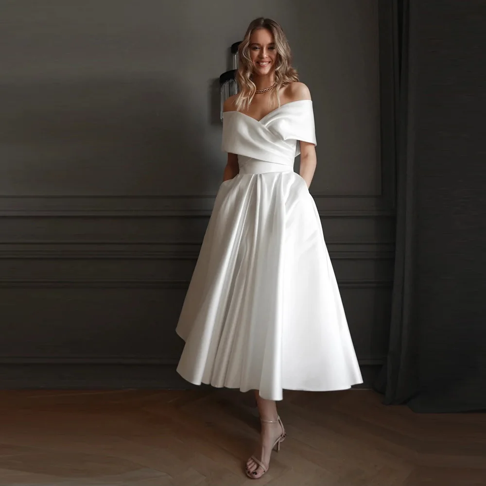 DLASSDRESS Customized Vestidos de Novia Midi Satin Wedding Dresses Off Shoulder Sleeveless A-Line Tea-Length Civil Bride Gown