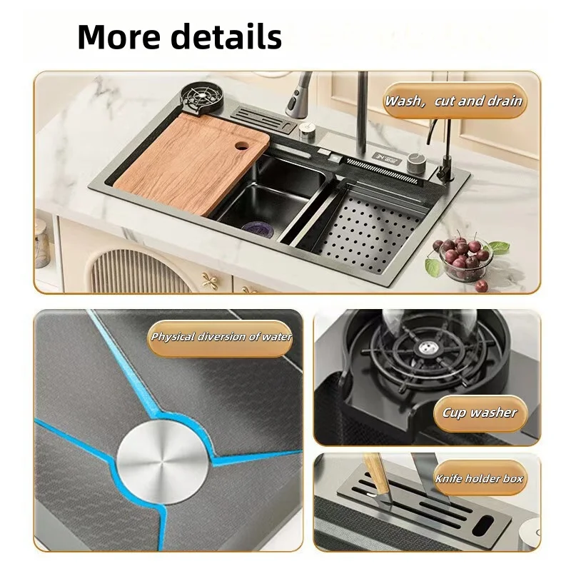 New Arrival Multi-function Gun Grey Waterfall Single Bowl Kitchen Sink Set Nano Stainless Steel Handmade Sink With Faucet