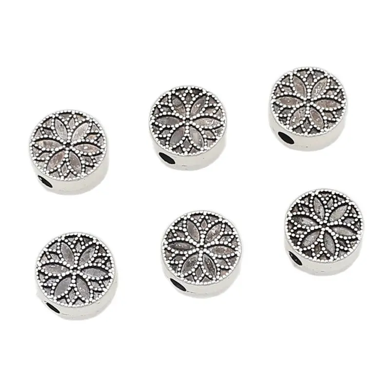 20pcs/Lot Double Sides Flower Flat Round Pie Loose Beads 10mm Manual Bracelets Metal Bead Spacer Charms DIY Jewelry Findings