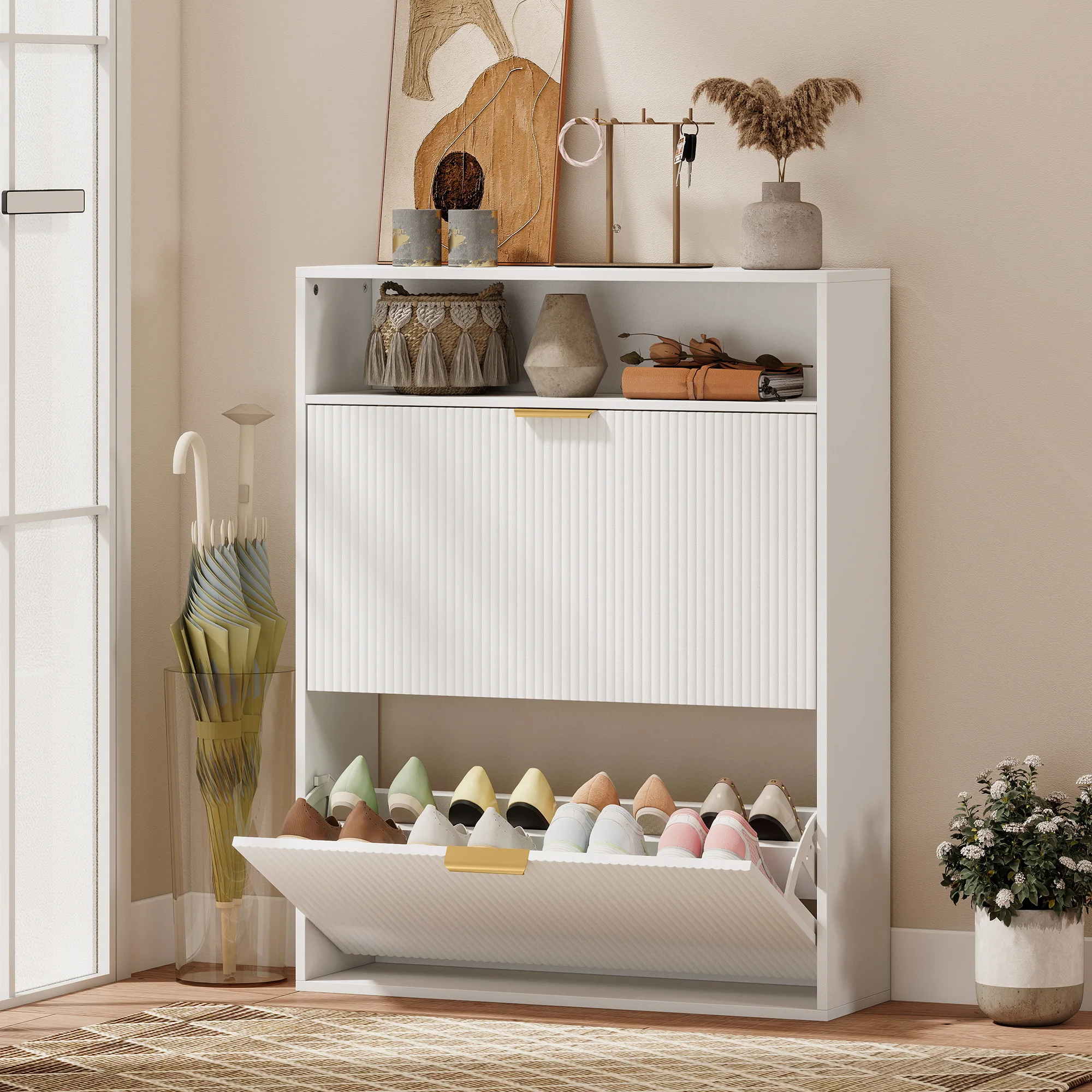 HOMCOM Schuhschrank mit 2 Klappen, Schmal Schuhkipper mit 2 Türen, Ablagefläche, Schuhkommode für 12-16 Paar Schuhe für Flur, Eingang 80x24x102,5cm, Weiß