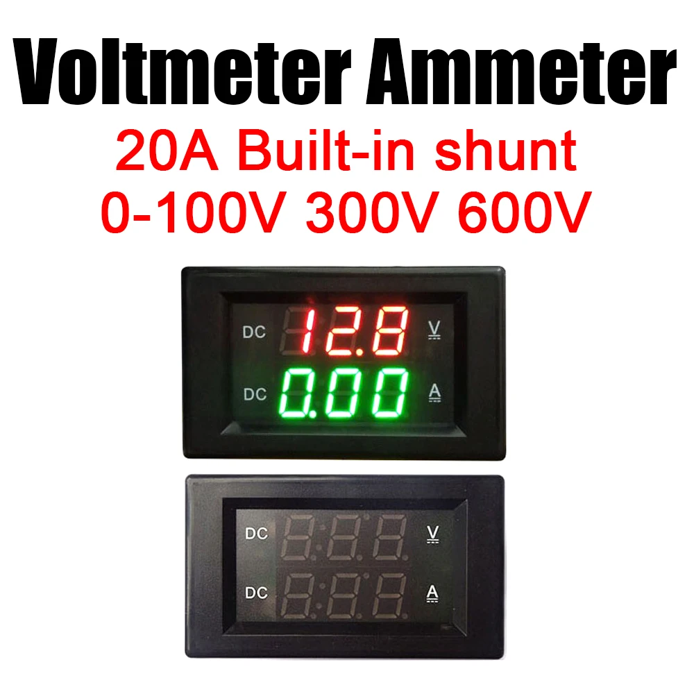 600V 300V 100V DC Voltmeter Ammeter 20A Built-in Shunt Battery Monitor LED Display Digital Voltage Current VLOT METER 12V 24V