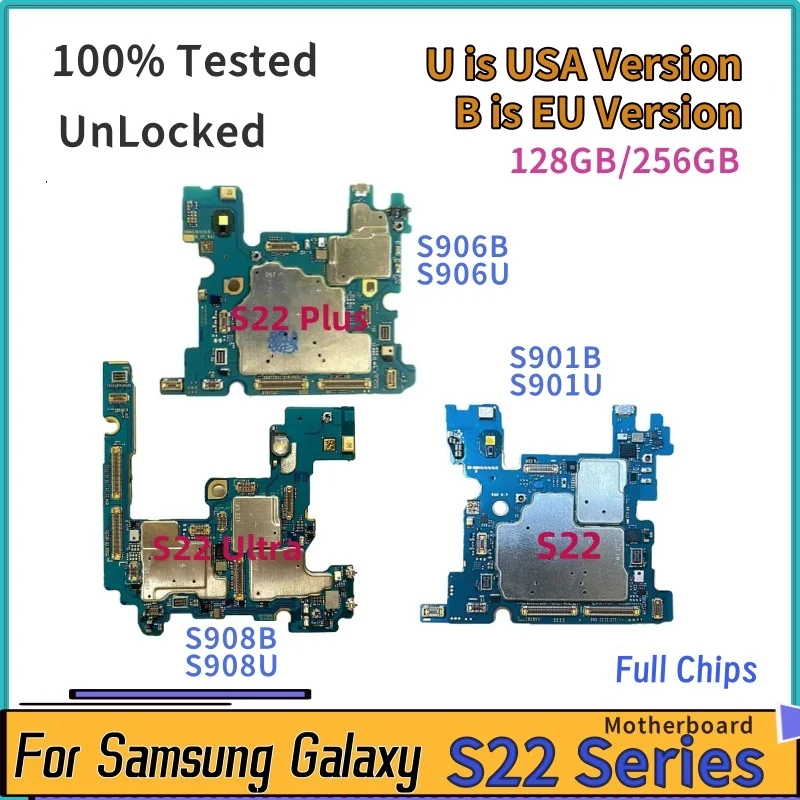 

Unlocked Motherboard EU US Version for Samsung Galaxy 5G S22 S901U S901B S22Plus S906B S906U S22 Ultra S908U S908B/E Logic Board