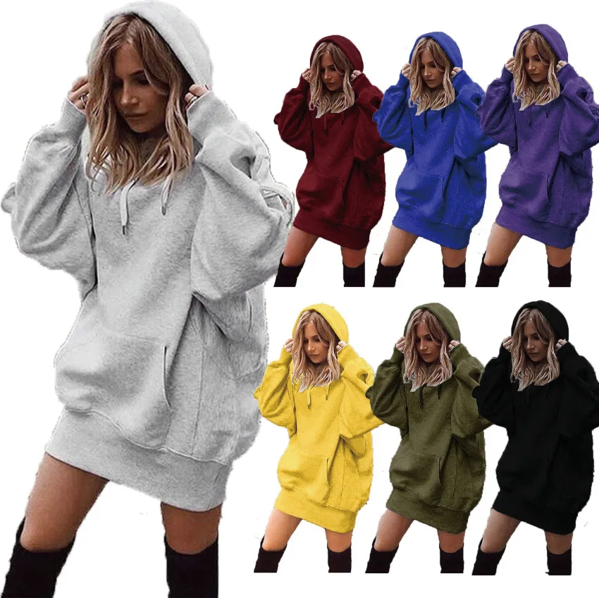 Oversized Hoodie Dress Women Loose Long Sleeve Pocket Drawstring Sweatshirt Dress Casual Streetwear Daily Wear Warm Pullover