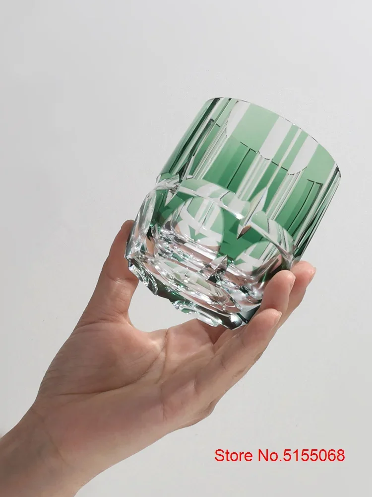 Edo Kiriko Crystal Rock Glass, Hand Carving, Green Bamboo Liquor Wine Tumbler, Top Grade Whiskey Cup, Japan Style, KAGAMI Design 2