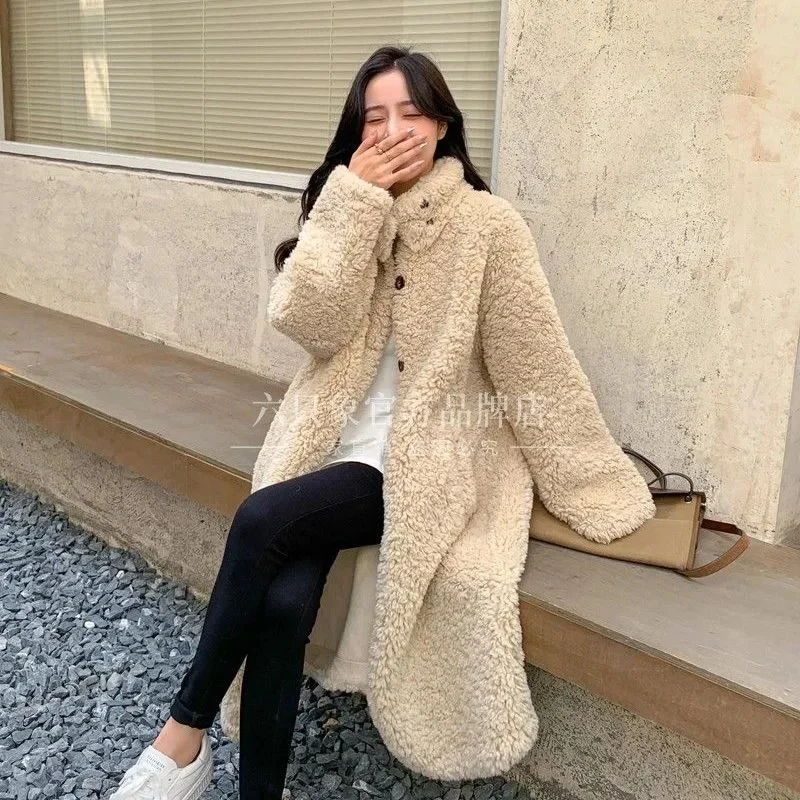 

Lamb Hair Coat for Women 2023 New Winter Thickened Loose Fur One Piece Long Imitation Fur Stand Neck Coat Korean Casual Cardigan