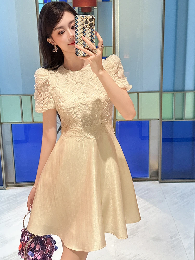 Women Clothes Evening Sweet Puff Sleeve Slim A-Line Mini Short Dress Elegant Lady Fashion Party Prom Vestidos Casual Summer New