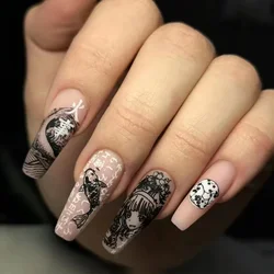 Sea Wave Carp uñas postizas de garabatos de estilo japonés, Uñas postizas desmontables de ataúd largo Rosa desnudo con pegamento, cubierta completa, presione en las uñas