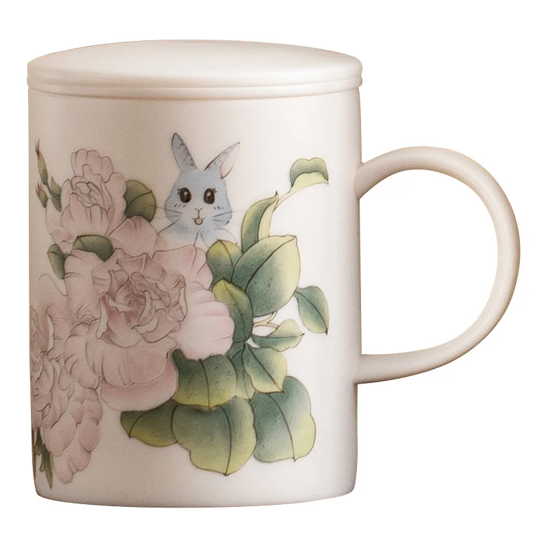 Peony suet jade teacup tea separation cup personal office mug gift box